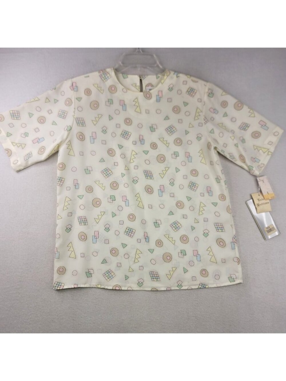 Vintage 80s Yves St Clair Blouse 10 White Multi Geometric Retro Casual Pop Art